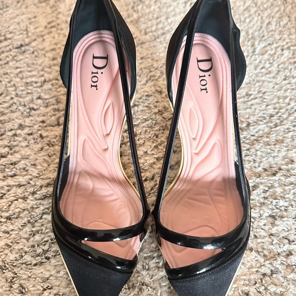 Dior Black Fabric And Patent Leather Pointed Toe Curved Heel Pumps Size 35.5 - Picture 13 of 15
